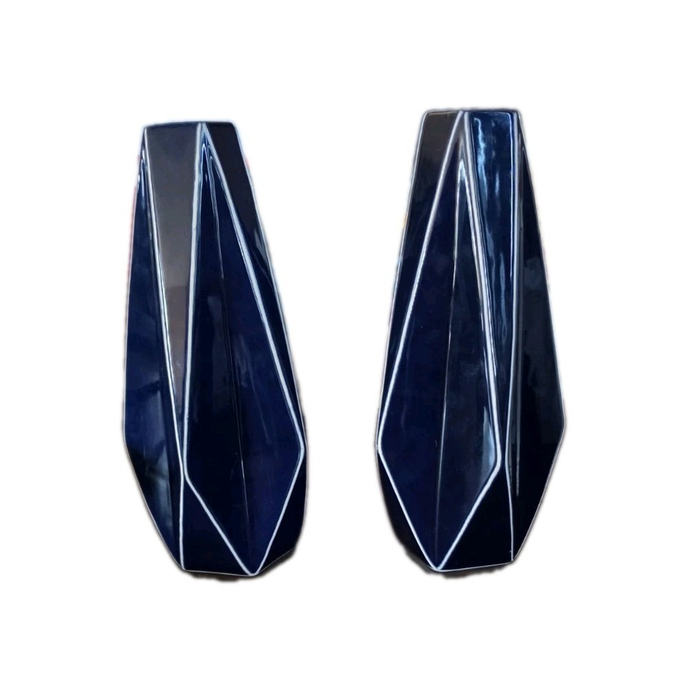 Vintage Cobalt Blue Ceramic Angular Vases 11" Geometric Design Pair White Trim